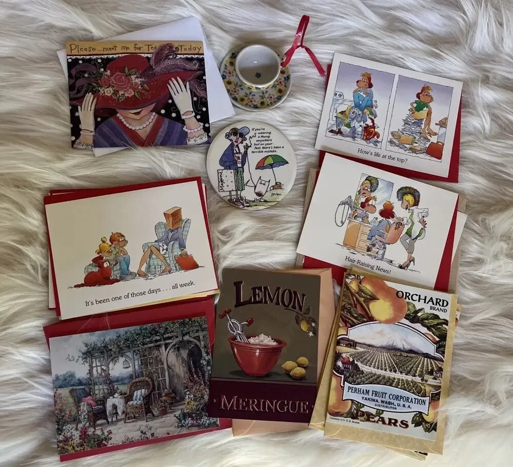 VTG Mixed Stationery Ephemera: Greeting Cards, Fruit Labels & Teacup Ornament